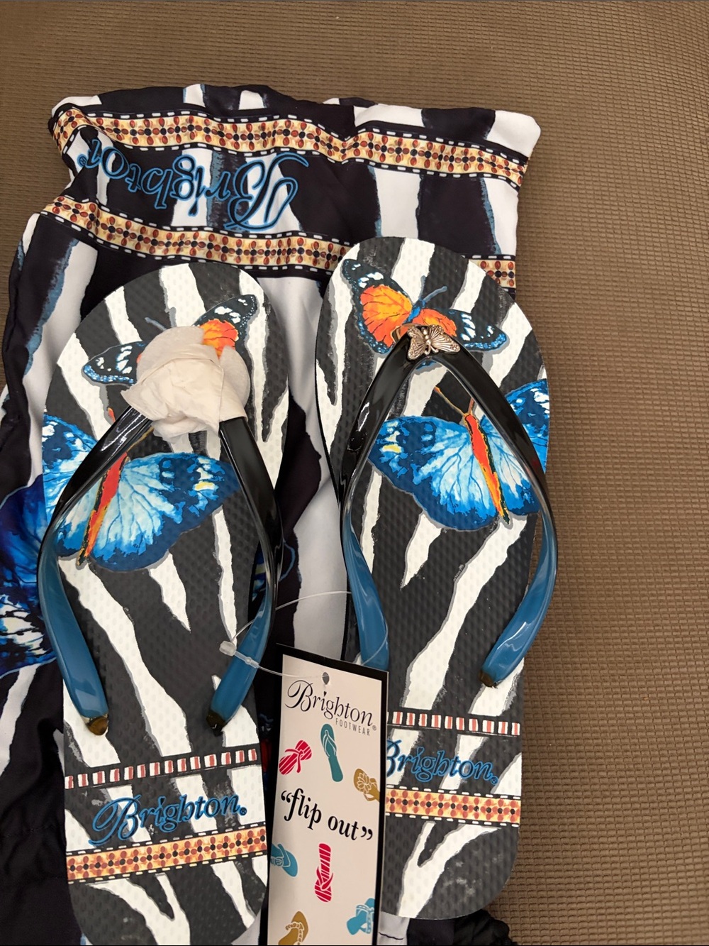 Brighton Blue Butterfly Zebra Print Flip Flops